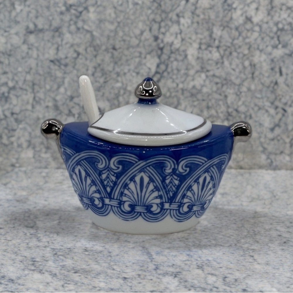 Bombay Blue and White Ceramic Sugar Bowl with Spoon